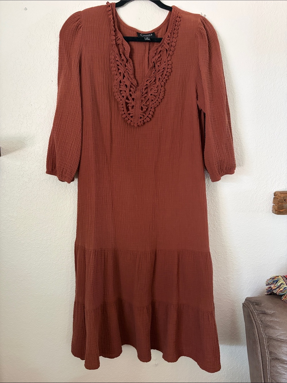 connected apparel Rust Crochet-Trim Midi Dress